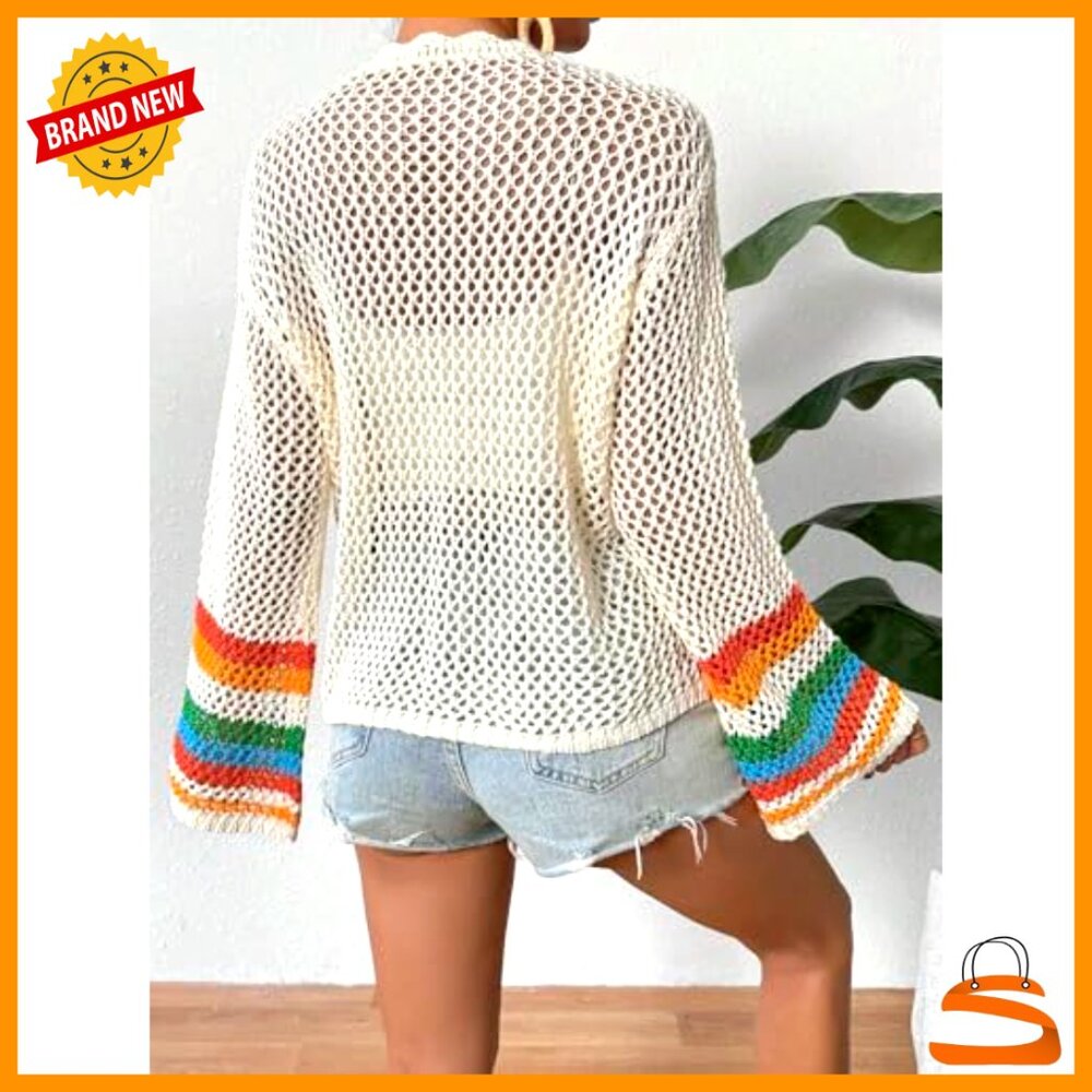 Floral Crochet Cardigan, Long Sleeve Open Front Sweater, Loose Fit Acrylic - Picture 2 of 6